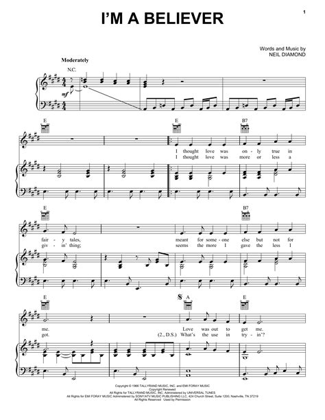 The Monkees "I'm A Believer" Sheet Music Notes | Download Printable PDF ...