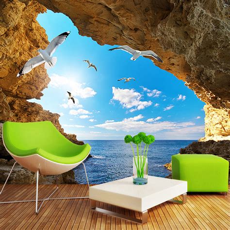 Custom Murals Wallpaper 3D Sky Clouds Seagulls Cave | BVM Home