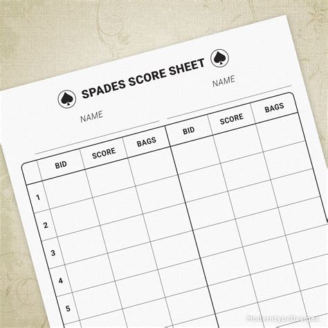 Spades Score Sheet Printable