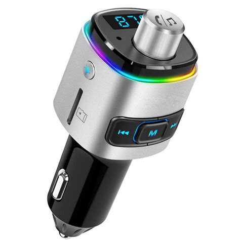 Bluetooth FM Transmitter for Car, 7 Color LED Backlit Bluetooth Car Adapter with QC3.0 Charging ...