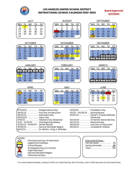 Los Angeles Unified School District (LAUSD) 2024-25 Academic Calendar ...