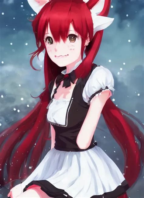 anime girl with cat ears with red hair wearing a maid | Stable Diffusion