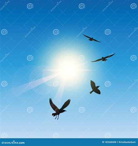 Flying birds in sunny sky stock vector. Illustration of design - 183568408