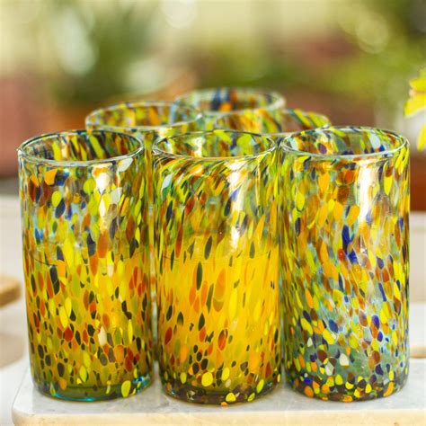 Hand Crafted Blown Glass Tumblers (set of 6) - Lime Rainbow Raindrops | NOVICA