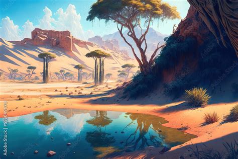 Fantasy desert oasis landscape. Desert. illustration art. Digital ...