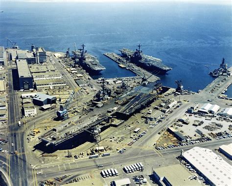 An aerial view of Hunters Point Naval Shipyard, San Francisco, California (USA), with three ...