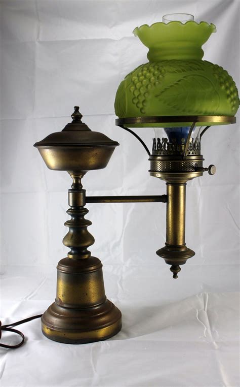 Antique Brass Student Lamp / Original Oil Kerosene Lamp Green Grape Glass Shade | Oil lamps and ...