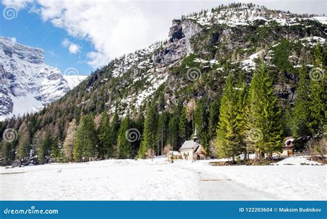 Cappella `Lago Di Braies` in Winter in Dolomites Alps, Italy Stock Photo - Image of mountain ...