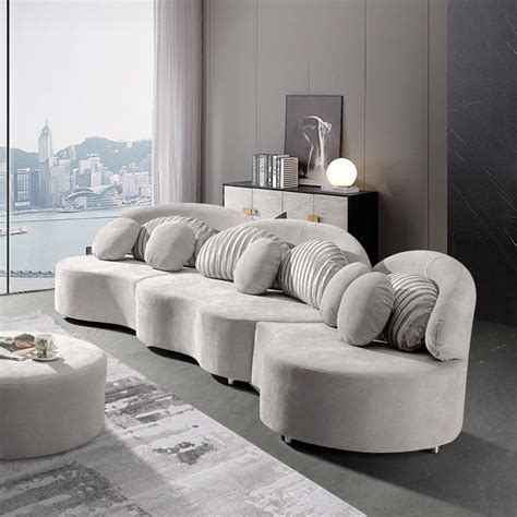 Modern 7-Seat Sofa Round Sectional Light Gray Velvet Upholstered with Ottoman & Pillows