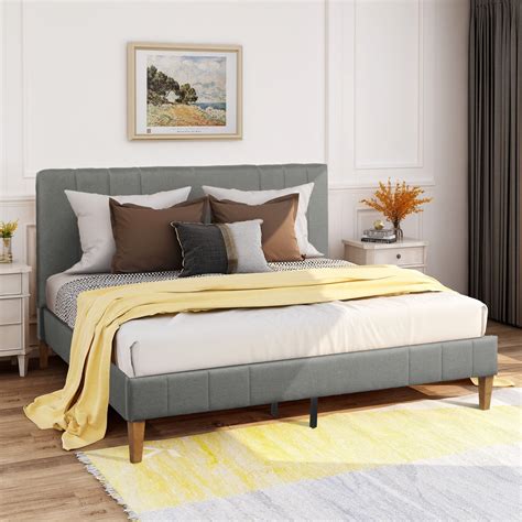 Harper & Bright Designs King Size Upholstered Platform Bed With Headboard, Dark Gray line ...