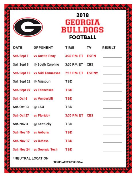 Printable 2018 Georgia Bulldogs Football Schedule