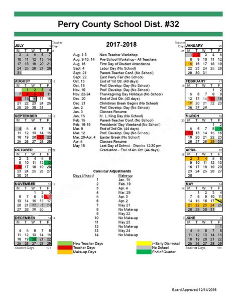 2017 - 2018 School Calendar | Perry County School District 32 – Perryville, MO