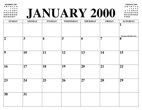 JANUARY 2000 CALENDAR OF THE MONTH: FREE PRINTABLE JANUARY CALENDAR OF THE YEAR - AGENDA