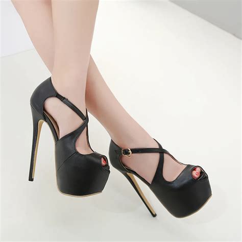 2019 Sexy Shoes High Heels 16 cm Women Pumps Cross tied Buckle Platform ...