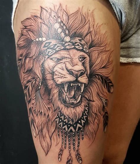 Attractive African Lion Head Tattoo On Right Thigh | Africa tattoos ...