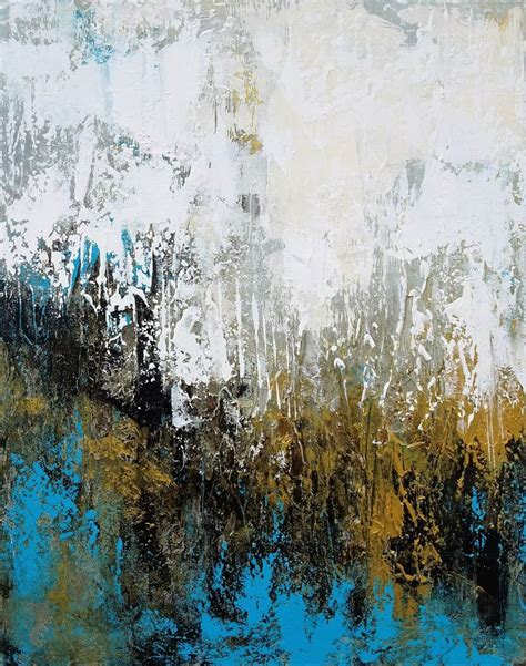 FREE FLOW. Teal, Blue, Gold, Beige Contemporary Abstract Painting with ...