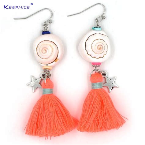 New Handmade Ethnic Dangle Earrings With Cotton Tassel Summer Sea Beach Bohemian Cowrie Shell ...