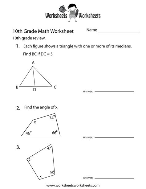 Free Printable 10th Grade Math Review Worksheet