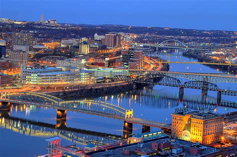 Pittsburgh, the City of Bridges, at dusk. | Pittsburgh city, Pittsburgh bridges, Vacation places