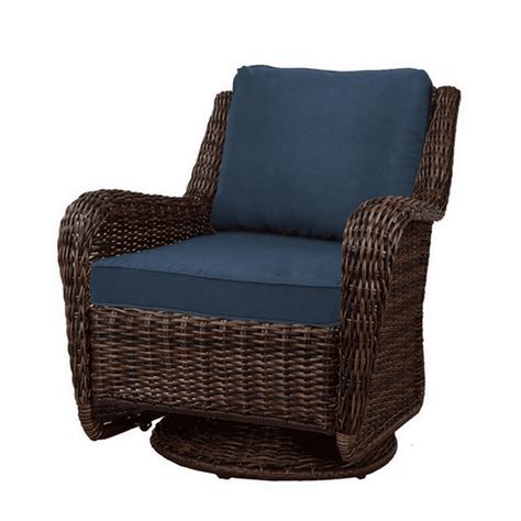 Hampton Bay Cambridge Brown Wicker Swivel Outdoor Rocking Chair Blue Cushions - Walmart.com ...