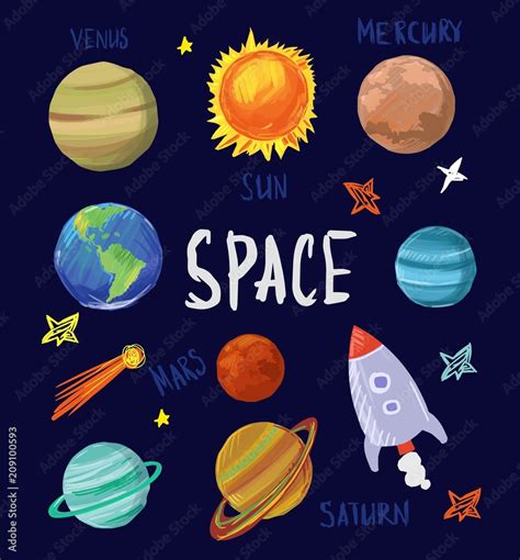 Set of cartoon space objects. Solar system. Vector illustration. Stock Vector | Adobe Stock