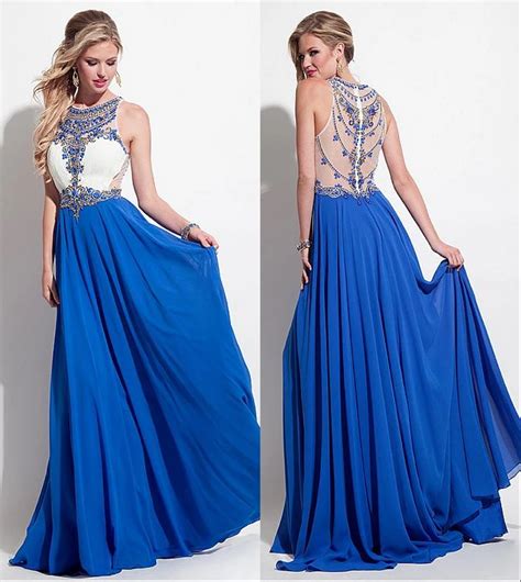 Royal Blue And White Chiffon Long Prom Dresses 2017 Heavily Beaded Bodice Sheer BacK Sleeveless ...