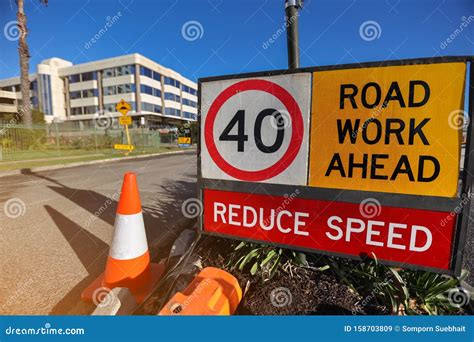 Road Work Ahead Reduce Speed 40 KM/H Speed Limited Zone Safety Warning Sign Stock Image - Image ...