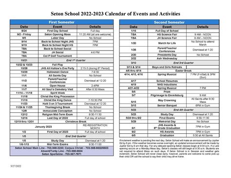 2022-2023 Seton School Calendar of Events and Activities | Seton School Manassas