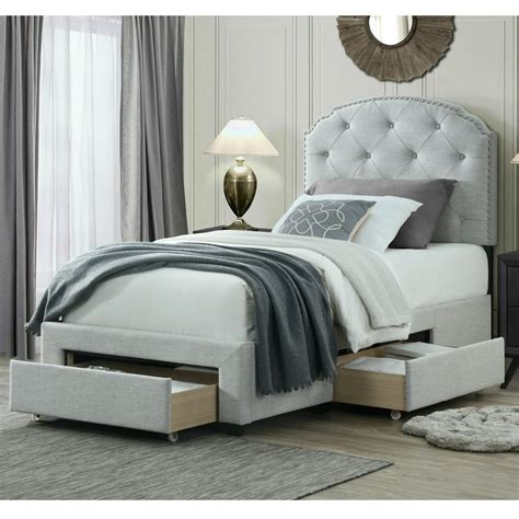 DG Casa Argo Tufted Upholstered Panel Bed Frame with Storage Drawers and Nailhead Trim Headboard ...