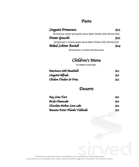 Top of Daytona Restaurant menu in Daytona Beach, Florida, USA