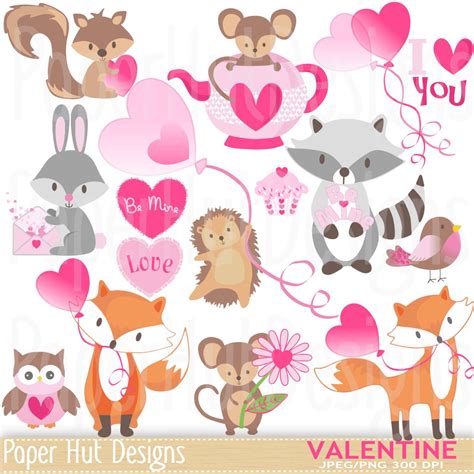 Valentine Clipart-Cute Valentine Animal Clip Art. Rabbit-Mouse-Owl-Fox-Hedgehog-Raccoon-Heart ...