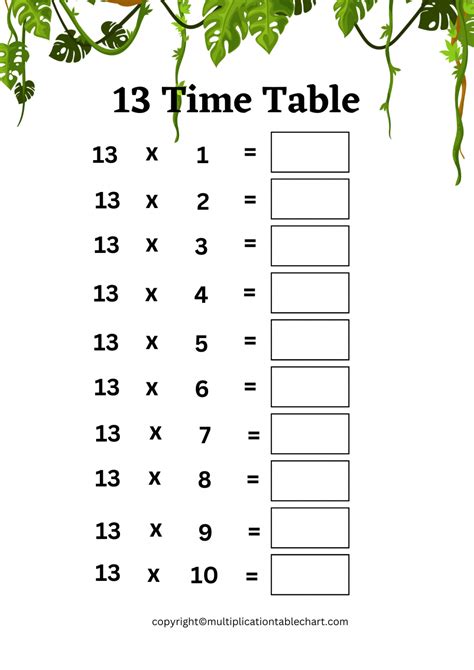 Thirteen Times Table Worksheet | Multiplication Table