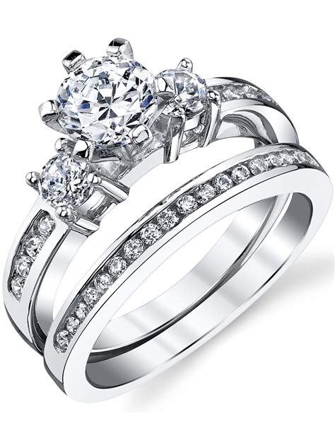 Women's Sterling Silver Wedding Engagement Ring 1.15Ct TCW 2Pc Set ...