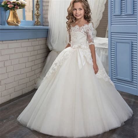 Princess First Holy Communion Dress Half Sleeves Puffy Ball Gown Little ...