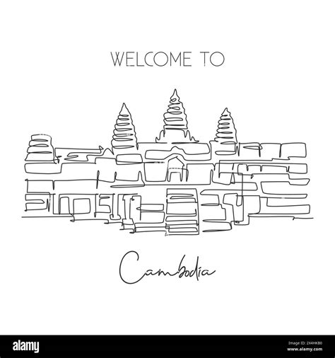 One continuous line drawing Angkor Wat Temples landmark. Iconic place in Siem Reap, Cambodia ...