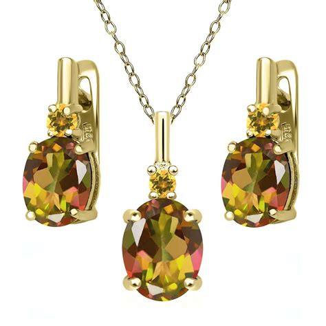 Mystic Topaz and Simulated Citrine 18K Gold Plated Silver Pendant Earrings Set >>> Read more ...