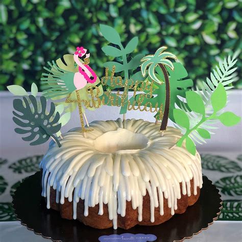 Flamingo Cake Topper with Leaf, Glitter Happy Birthday Cake Topper Tropical Leaf Cake Topper for ...