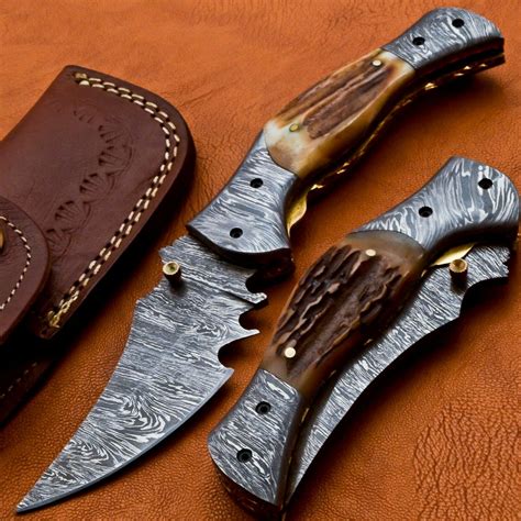 Handmade Damascus Folding Pocket Knife with Stag Handle FD-04 – Front Line Knives | Folding ...