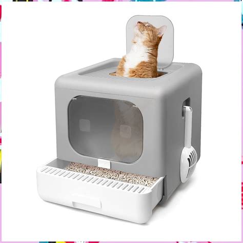 YMINA Cat Litter Box with Lid Large Foldable Front Entry Top Exit ...