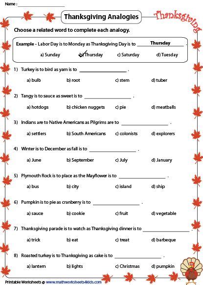 Thanksgiving Analogies | Analogy, Ela worksheets, Synonyms and antonyms