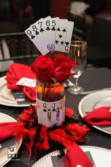 Straight Flush centerpiece with red roses for a casino themed party. | Casino theme parties ...