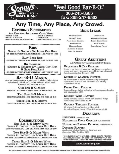 Menu at Sonny's Bbq, Florida City