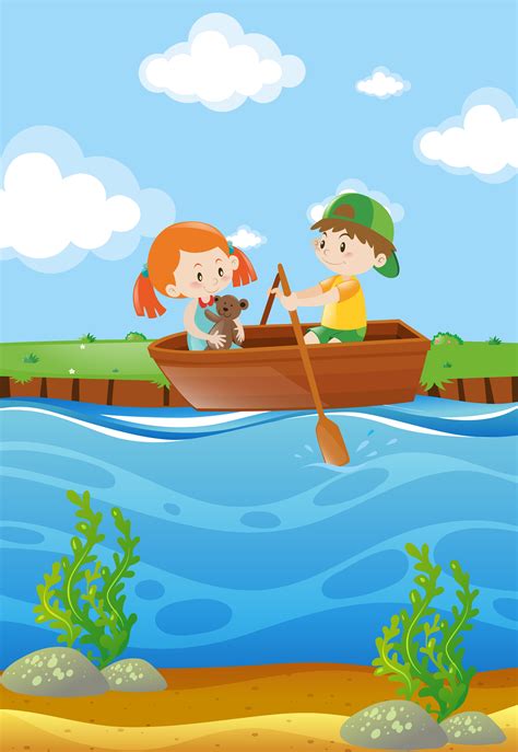 Two kids row boat in river 368914 Vector Art at Vecteezy