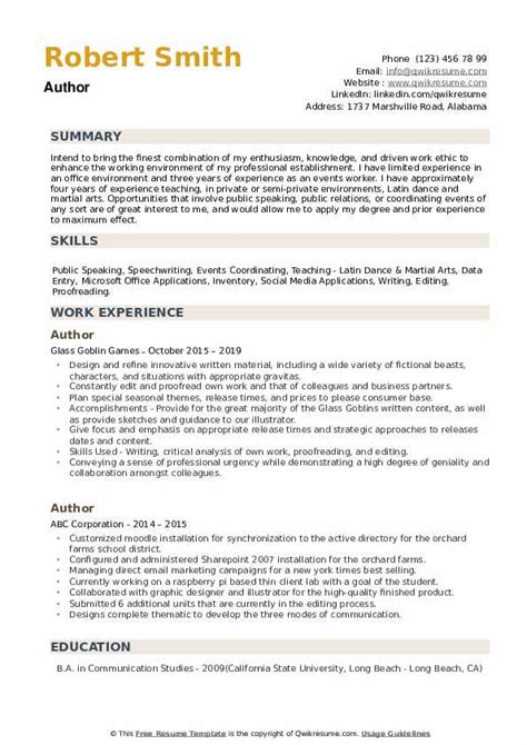 Author Resume Samples | QwikResume