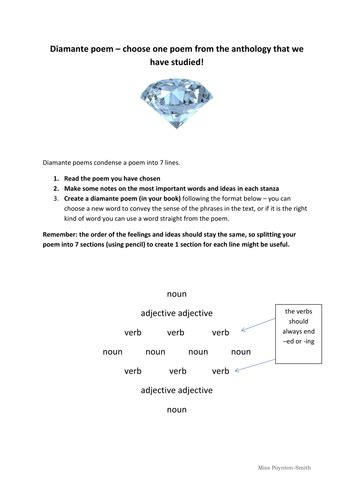 Diamante poem guide worksheet | Teaching Resources