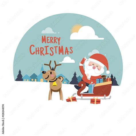 Merry Christmas background,Santa Claus and reindeer with a bag Stock ...