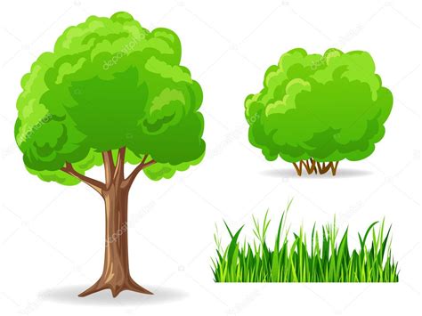 Set of cartoon green plants. Tree, bush, grass. Stock Illustration by ...