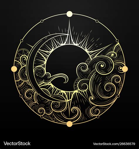 Hand drawn golden sun and moon with cloud Vector Image