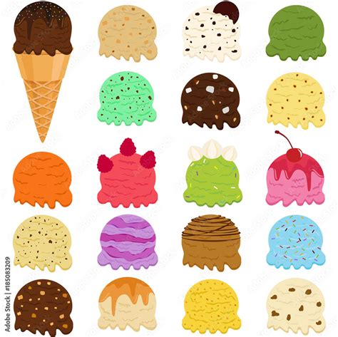 Cute Vector illustration set of ice cream scoop, many colorful flavors ...