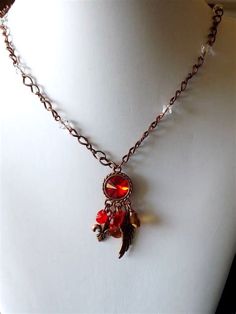 Items similar to Ruby Red Necklace Antique Copper Charm Cluster Red Crystal Necklace Edwardian ...